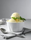 Bowl and spoon with tasty vanilla ice cream on table Royalty Free Stock Photo