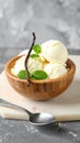 Bowl and spoon with tasty vanilla ice cream on table Royalty Free Stock Photo