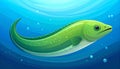 A green eel swimming in the blue ocean water with bubbles surrounding it in a cartoon illustration Royalty Free Stock Photo