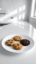 Four cookies are arranged on a white plate, positioned on a glossy white countertop. Generated image Royalty Free Stock Photo