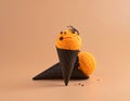 Halloween ice cream cone with orange scoop on pastel background Royalty Free Stock Photo