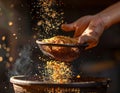 Close up of Hands Sifting Golden Spice Blend Culinary Photography Royalty Free Stock Photo