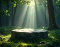 Stone stump in the rays of the sun in a mystical forest High resolution photo Royalty Free Stock Photo