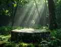Stone stump in a mystical forest sun rays moss product display nature background Royalty Free Stock Photo