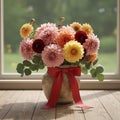 Vibrant bouquet of dahlias arranged in a rustic ceramic vase adorned with a red ribbon Royalty Free Stock Photo