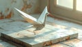 White origami crane with red beak on sunlit glossy tiled surface Royalty Free Stock Photo