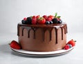 Fresh delicious homemade chocolate cake with berries on gray table Royalty Free Stock Photo