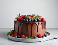 Fresh delicious homemade chocolate cake with berries on gray table Royalty Free Stock Photo