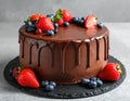 Fresh delicious homemade chocolate cake with berries on gray table Royalty Free Stock Photo