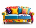 Colorful Psychedelic Sofa with Pillows on White Background for Home Decor or Interior Design Royalty Free Stock Photo