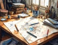 Watercolor Artist s Desk Creative Workspace Sketching Supplies Artistic Scene Royalty Free Stock Photo