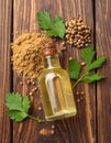 Coriander essential oil, powder, seeds and green leaves on wooden table, top view Royalty Free Stock Photo