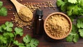 Coriander essential oil, powder, seeds and green leaves on wooden table, top view Royalty Free Stock Photo