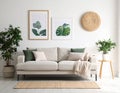 Stylish living room interior with comfortable sofa and beautiful pictures on wall Royalty Free Stock Photo