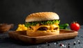Closeup of crop hamburger with macaroni and cheese placed on wooden tray on table Royalty Free Stock Photo