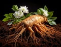 Mature Ginseng Root with Delicate White Flowers and Lush Green Leaves Emerging from Rich Dark Soil Royalty Free Stock Photo