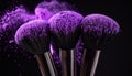 Makeup brushes with purple eye shadow on black background, closeup. Royalty Free Stock Photo