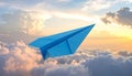 Light blue paper plane flying in sky with clouds with clouds Royalty Free Stock Photo