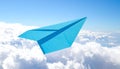 Light blue paper plane flying in sky with clouds with clouds Royalty Free Stock Photo
