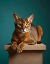 Abyssinian cat with bright yellow eyes sitting on beige pedestal against teal background portrait Royalty Free Stock Photo