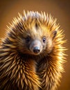 Echidna with sharp golden brown spines and elongated snout, monotreme portrait on warm background Royalty Free Stock Photo