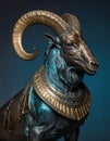 Ornate Bronze Ram Sculpture with Gold Collar and Curved Horns Royalty Free Stock Photo