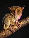 Tarsier primate with large orange eyes perched on branch against dark background close-up Royalty Free Stock Photo