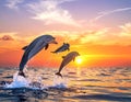 Sea Life Background - Jumping Dolphins, Beautiful Red Sunset at Sea Royalty Free Stock Photo