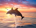 Sea Life Background - Jumping Dolphins, Beautiful Red Sunset at Sea Royalty Free Stock Photo