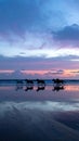 Silhouettes of six horsemen running along a beach at dusk. Ultra-wide shooting, calm Royalty Free Stock Photo