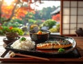 Traditional Japanese breakfast served in ryokan, grilled fish, rice, miso soup, high resolution photography Royalty Free Stock Photo