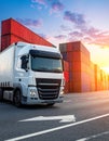 Semi trailer Trucks on The Road and Stacked of Containers Cargo Shipping. Distributior Royalty Free Stock Photo
