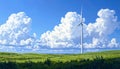 Wind Turbine on Green Field with Bright Blue Sky and Clouds Royalty Free Stock Photo