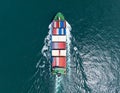 Aerial top view of cargo ship with contrail in the ocean ship carrying container Royalty Free Stock Photo