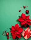 Flat lay composition with poinsettias (traditional Christmas flowers) and holiday decor Royalty Free Stock Photo