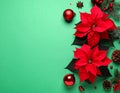 Flat lay composition with poinsettias (traditional Christmas flowers) and holiday decor Royalty Free Stock Photo