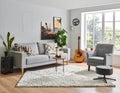 Cozy Living Room with Acoustic Guitar Modern Gray Sofa Armchair and Shag Rug Home Music Studio Decor Royalty Free Stock Photo