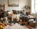 Messy Children s Playroom with Teddy Bears on Sofa Toys Scattered on Floor Cozy Cluttered Interior Royalty Free Stock Photo
