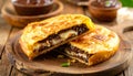 A sliced pan-fried arepa, golden brown, stuffed with melted cheese and dark Royalty Free Stock Photo