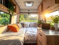 Interior of a modern camper van with foldable bed, potted plants, small kitchenette and laptop, morning light coming in, vanlife Royalty Free Stock Photo