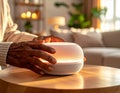 Elderly person using voice assistant speaker to turn on lights, cozy living room, close-up of hands and device, warm lighting Royalty Free Stock Photo