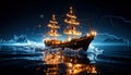 A three-masted sailing ship illuminated with warm golden lights navigates through dark, reflective waters. Royalty Free Stock Photo