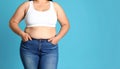 Overweight woman on color background, closeup. Space for text Royalty Free Stock Photo