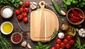 Cooking concept. Cutting board and different products on wooden table, flat lay Royalty Free Stock Photo