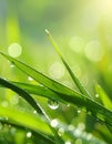 Green lush grass with water drops on blurred background, closeup Royalty Free Stock Photo