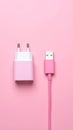 Pink background, USB power adapter and charging cable on flat panel. Royalty Free Stock Photo