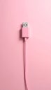 Pink background, USB power adapter and charging cable on flat panel. Royalty Free Stock Photo