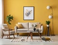 Warm and cozy living room interior with mock up poster frame, beige sofa, stylish arm Royalty Free Stock Photo