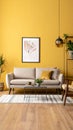 Warm and cozy living room interior with mock up poster frame, beige sofa, stylish arm Royalty Free Stock Photo