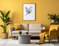 Warm and cozy living room interior with mock up poster frame, beige sofa, stylish arm Royalty Free Stock Photo